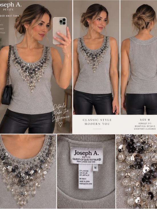 Joseph Tops - Joseph A. Petite Silver Beaded Embellished Knit Tank